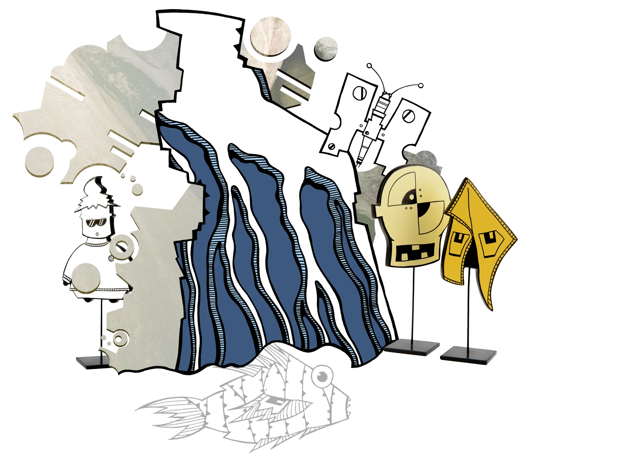 Ein Kunstwerk das verschieden Illuwillus zeigt, der Hauptbestandteil ist ein großer gezeichneter Wasserfall, davor der Schraubenfalter und am Fuße des Wasserfalls der Rotfeuerfisch, zusätzlich stehen 3 Skulpturen auf dem Bild, die Kombination Fetzenschädel und Fetty Cool, Kunst im Wohnraum