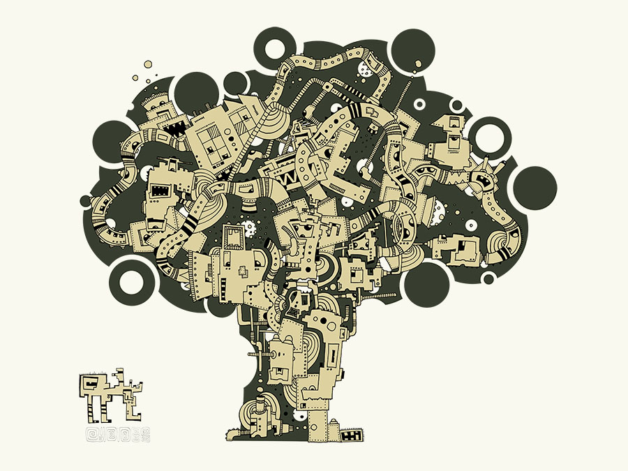 Ein riesiger solitär stehender Baum im Illuversum als Sinnbild für Erkenntnis, Bewusstsein, Verantwortung und die Folgen von Wissen.
