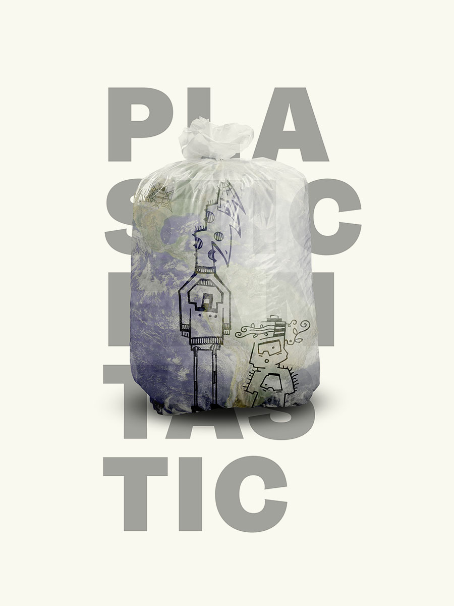 Plastic Fantastic zeigt die Erde mit drei Illuwillus in einem Plastiksack als Sinnbild für Kunststoffverbrauch, Umweltverschmutzung und Mikroplastik.