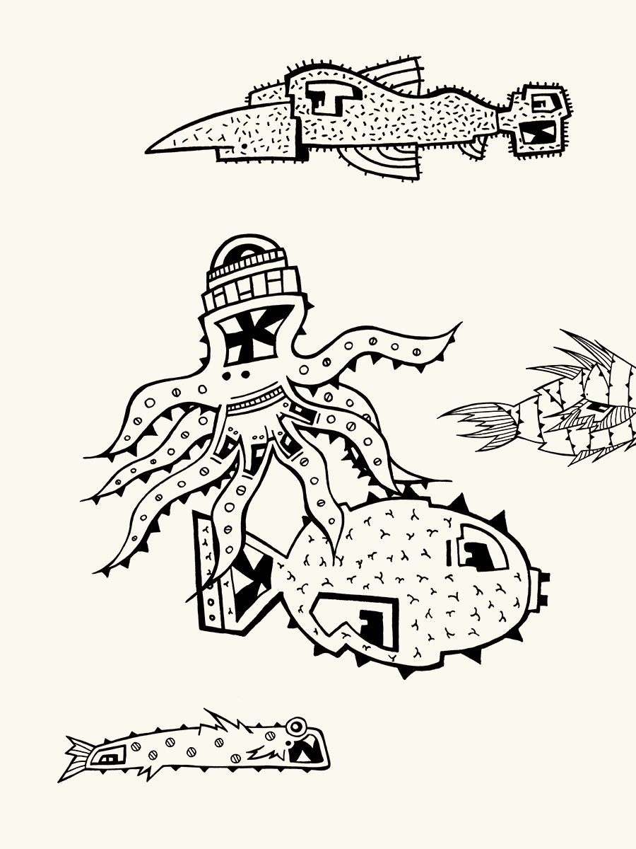 Fische zeigt eine harmonische Unterwasserwelt im Illuversum mit Petermännchen, Feuerfisch, Grätenfisch, haarigem Fisch und Oktopus.