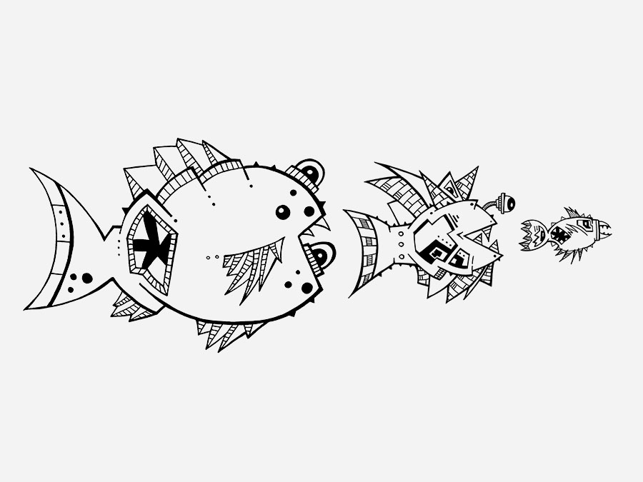Große Fische zeigt die Nahrungskette als Sinnbild für Macht, Verdrängung und das Prinzip, dass große die kleinen schlucken.