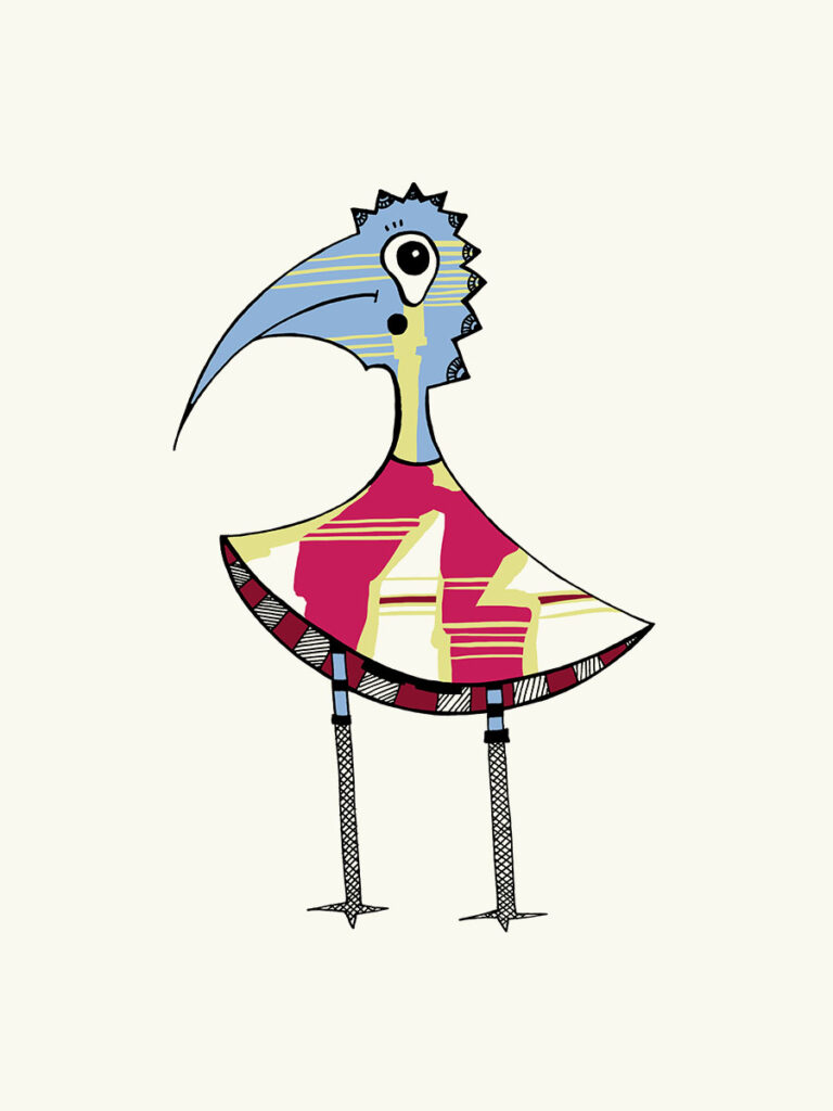 Der Strapsvogel ist eine charismatische Illuwillu Figur zwischen Spitze, Sexyness, Geheimnis und mitreißender Erzählkunst. Blau, rot, gelbe Variante