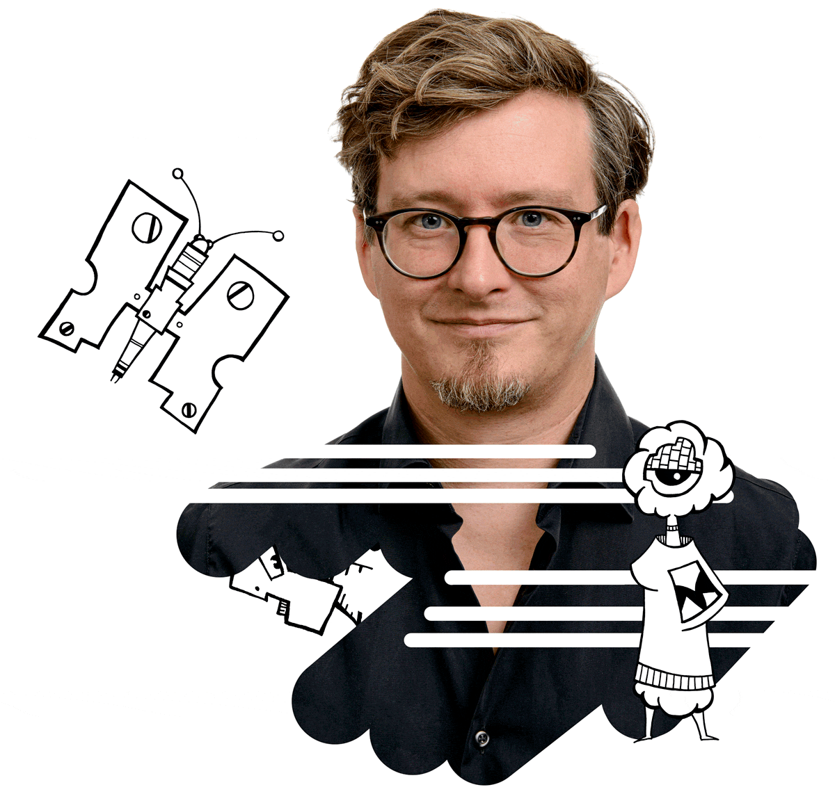 Georg Kippes in seinem Illuversum, umgeben von animierten Illuwillus, zu Shen sind die Wolkenlady, der Jungbulle, das Schnullerrind, die Muräne und der Schraubenfalter, Illuwillu, Kunst im Wohnraum