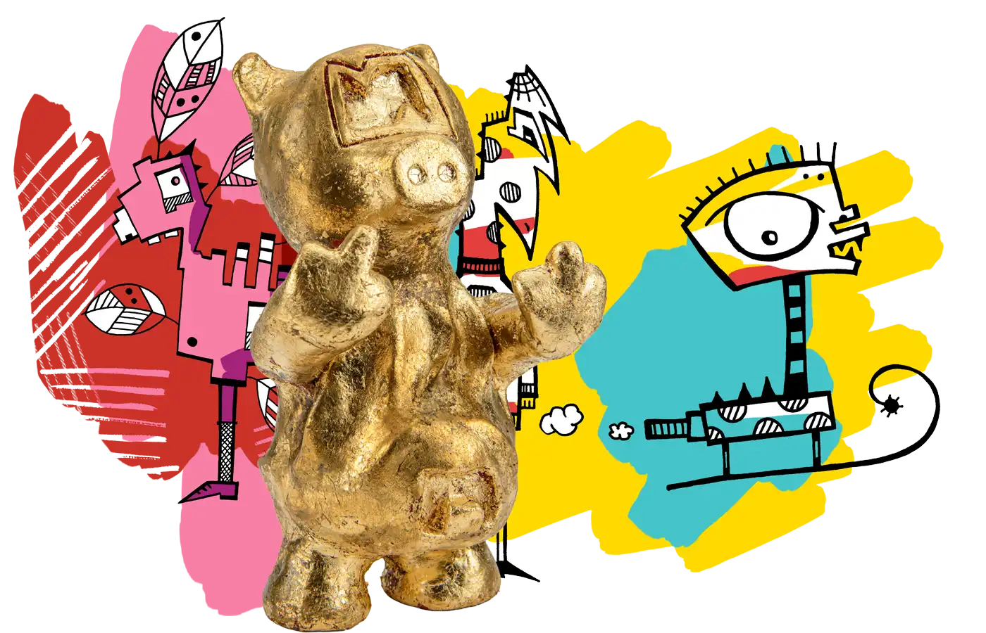 Zu sehen ist das Artwork Mothernature und Schlittenfahren, vor den beiden Bildern steht die goldene Geh-Scheißen Schweine Skulptur, Kunst im Wohnraum